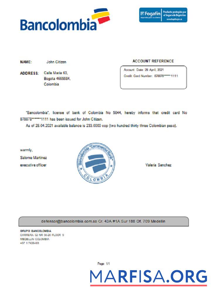 Blank Colombia Bancolombia reference template